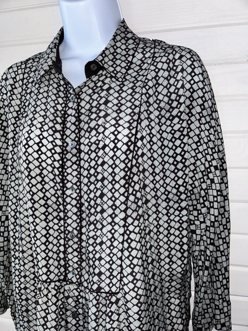 Poetry Sz 6 (UK 10) 100% Silk Blouse Button Front 3/4 Slvs Mint Green Brown EUC